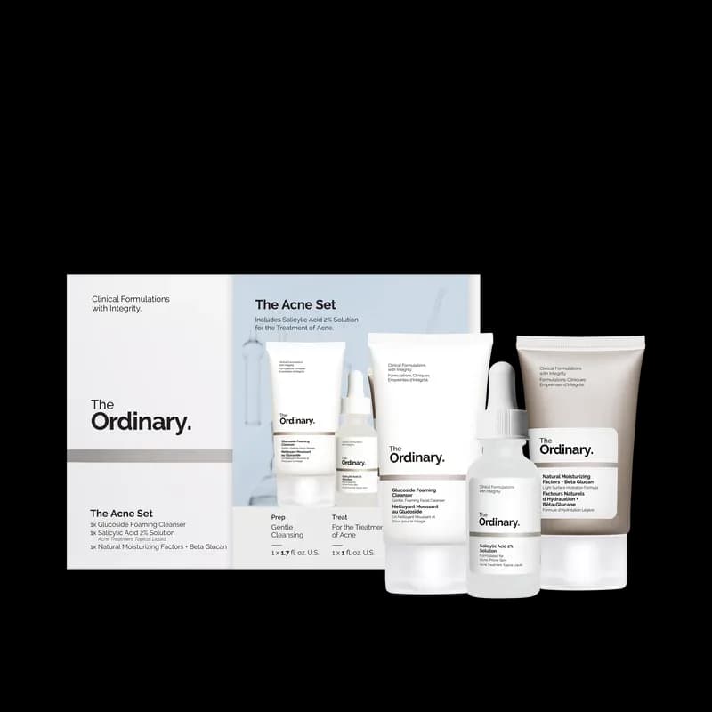 Caja y productos de The Ordinary The Acne Set